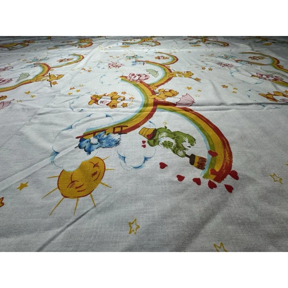 Vintage 1983 Care Bears Flat Sheet Rainbow Print American Greetings Marimac EUC